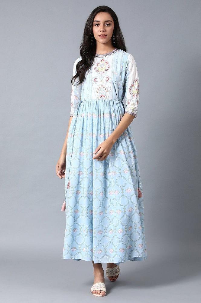 Blue Round Neck Gathered Dress - wforwoman