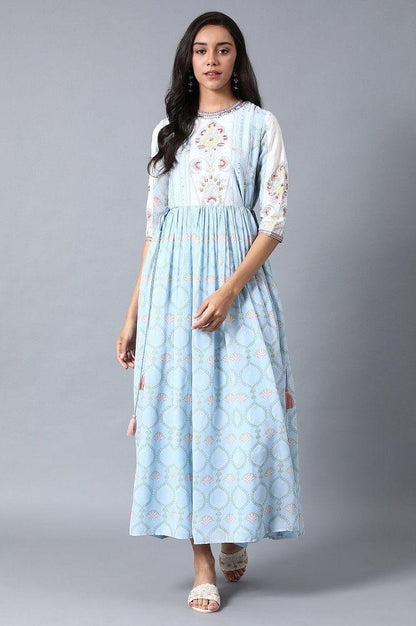 Blue Round Neck Gathered Dress - wforwoman