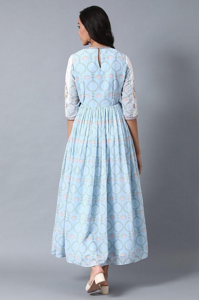 Blue Round Neck Gathered Dress - wforwoman