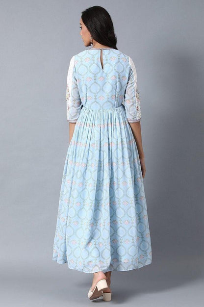 Blue Round Neck Gathered Dress - wforwoman