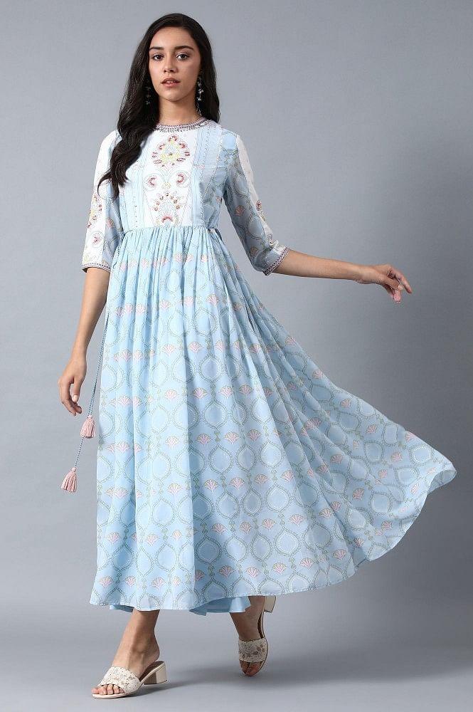 Blue Round Neck Gathered Dress - wforwoman