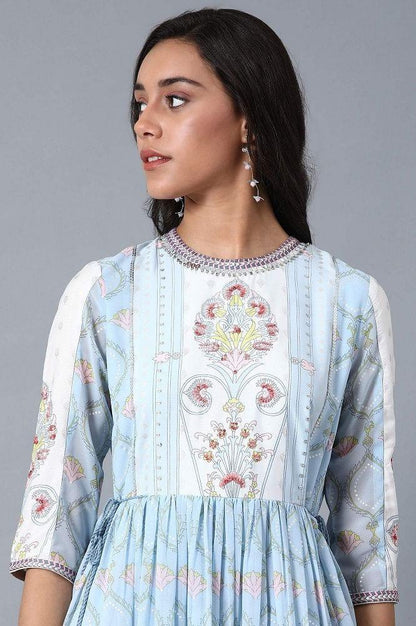 Blue Round Neck Gathered Dress - wforwoman