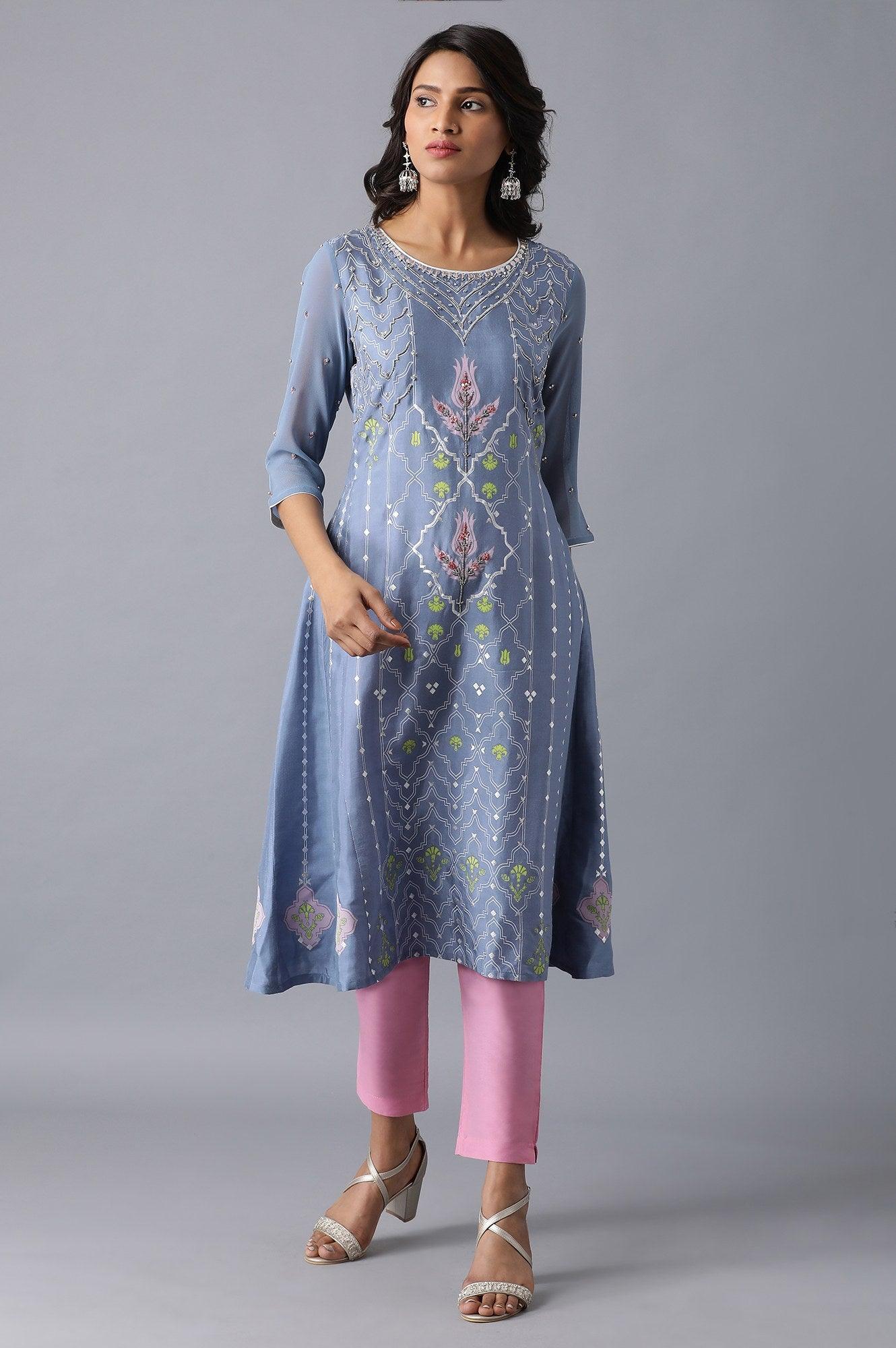 Blue Round Neck A-line kurta - wforwoman