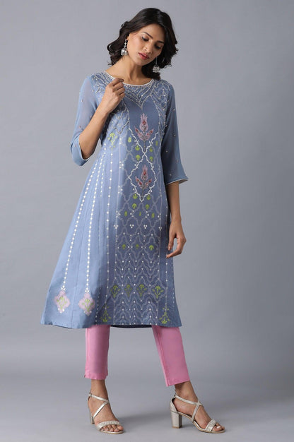 Blue Round Neck A-line kurta - wforwoman