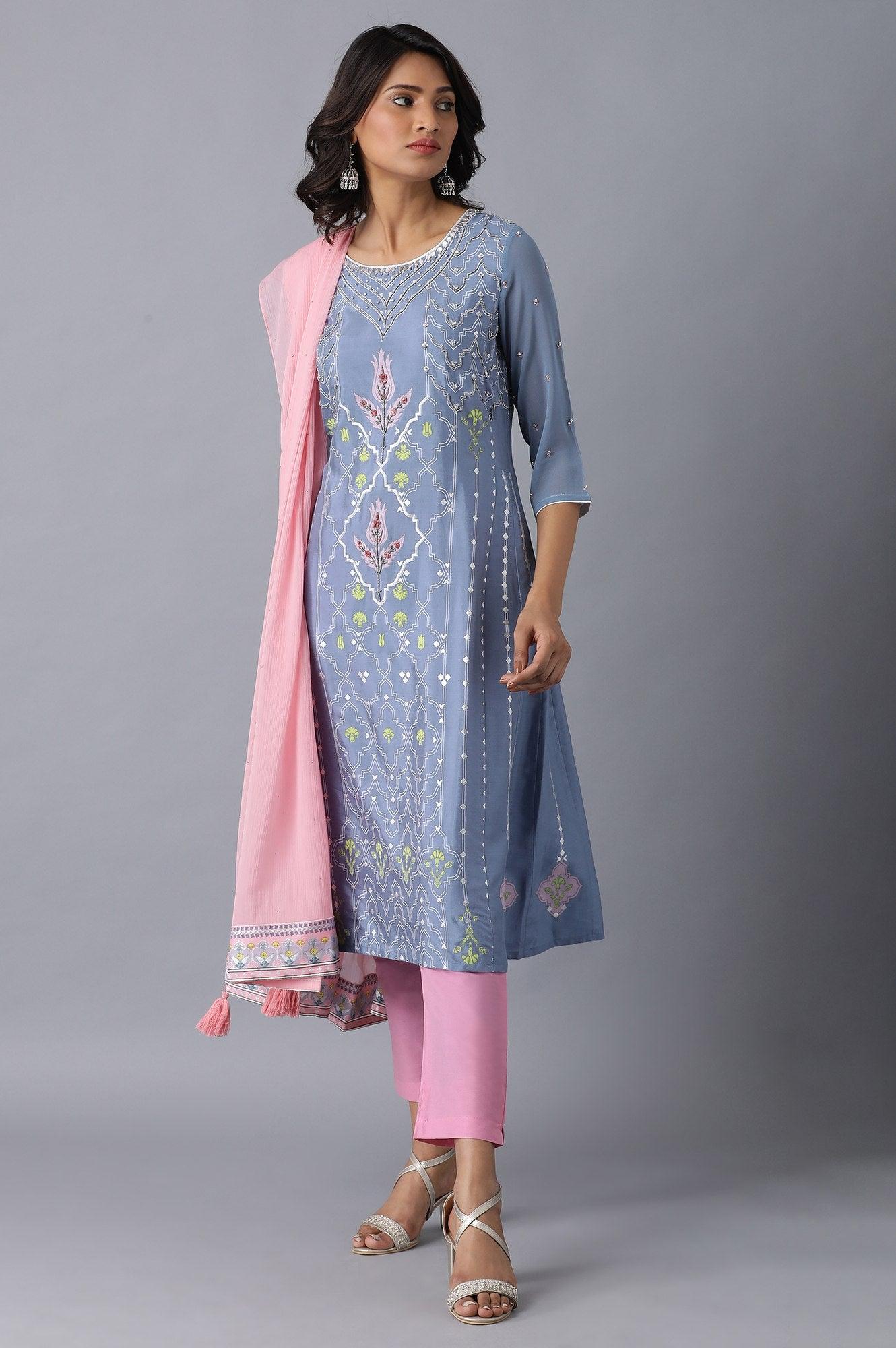 Blue Round Neck A-line kurta - wforwoman