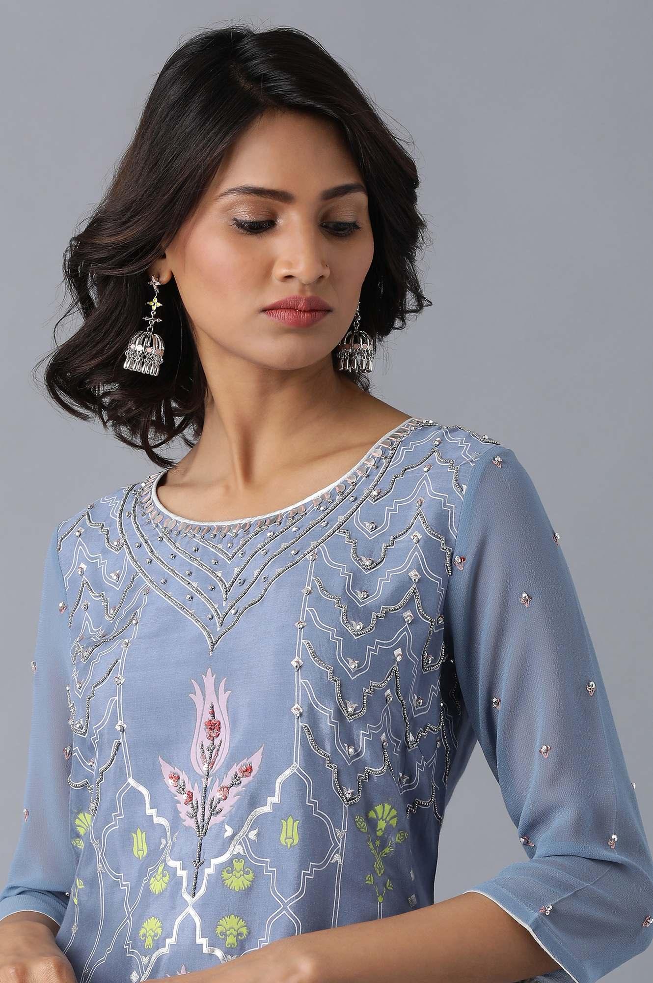 Blue Round Neck A-line kurta - wforwoman