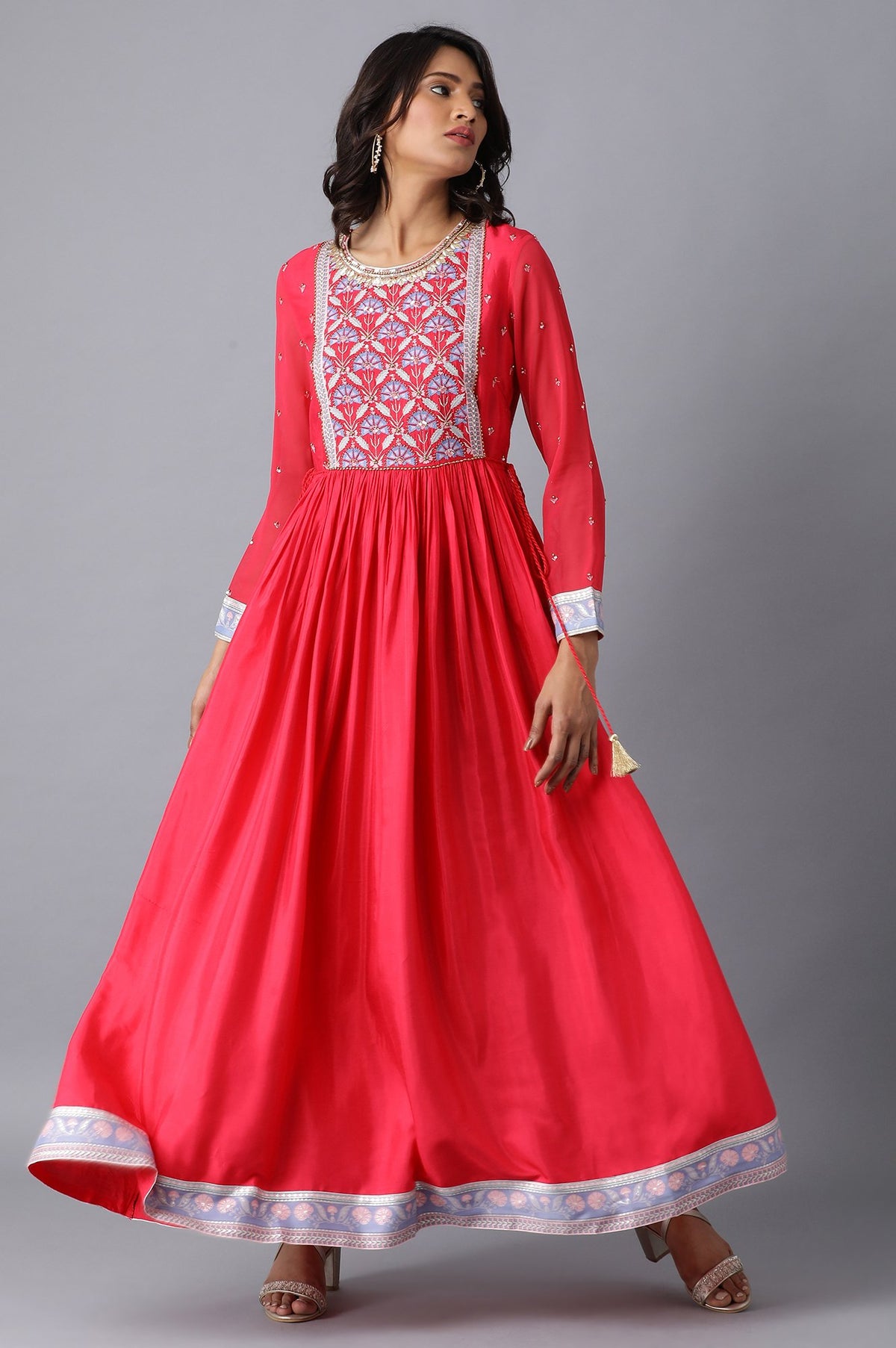 Pink Round Neck Gathered Dress - 6