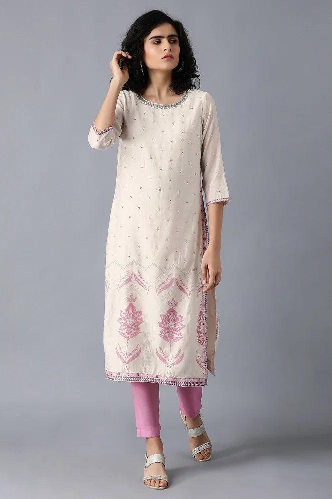 Ecru Round Neck Printed kurta - wforwoman