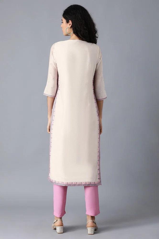 Ecru Round Neck Printed kurta - wforwoman