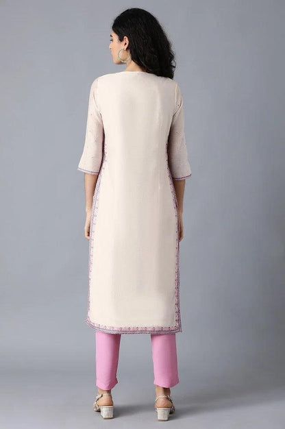 Ecru Round Neck Printed kurta - wforwoman