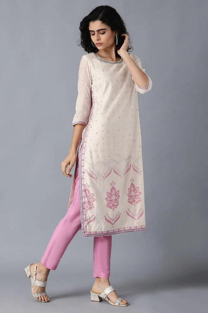 Ecru Round Neck Printed kurta - wforwoman