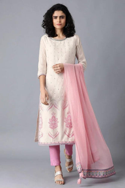 Ecru Round Neck Printed kurta - wforwoman