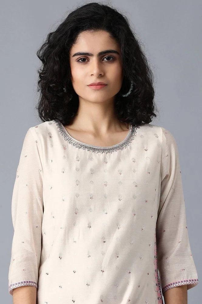 Ecru Round Neck Printed kurta - wforwoman