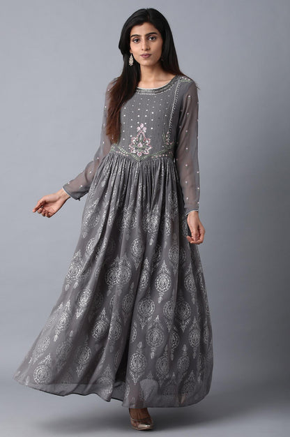 Grey Round Neck Gathered Dress - wforwoman