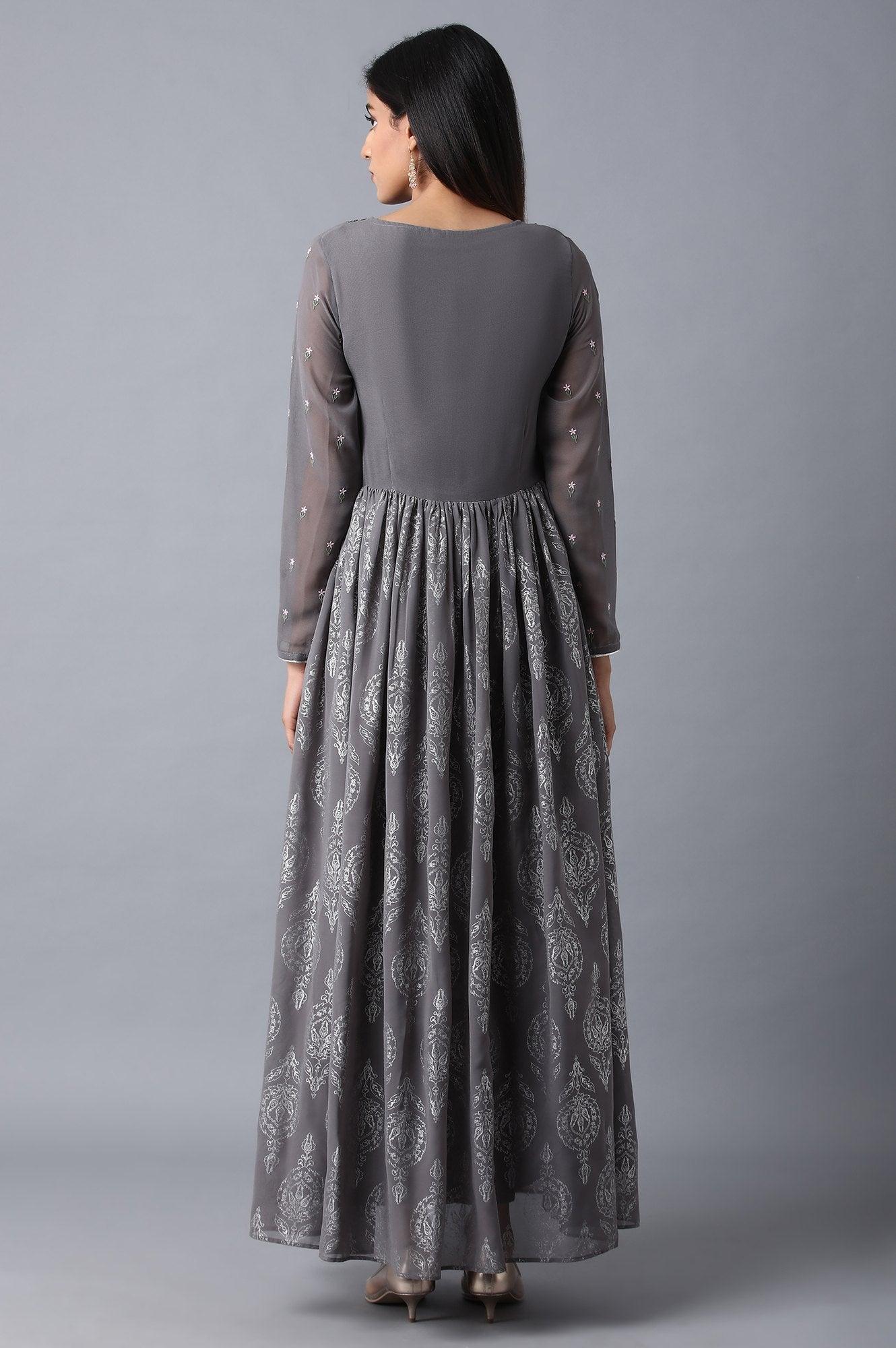 Grey Round Neck Gathered Dress - wforwoman