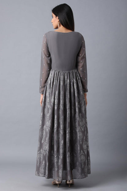 Grey Round Neck Gathered Dress - wforwoman
