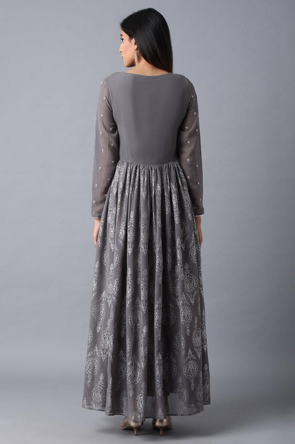 Grey Round Neck Gathered Dress