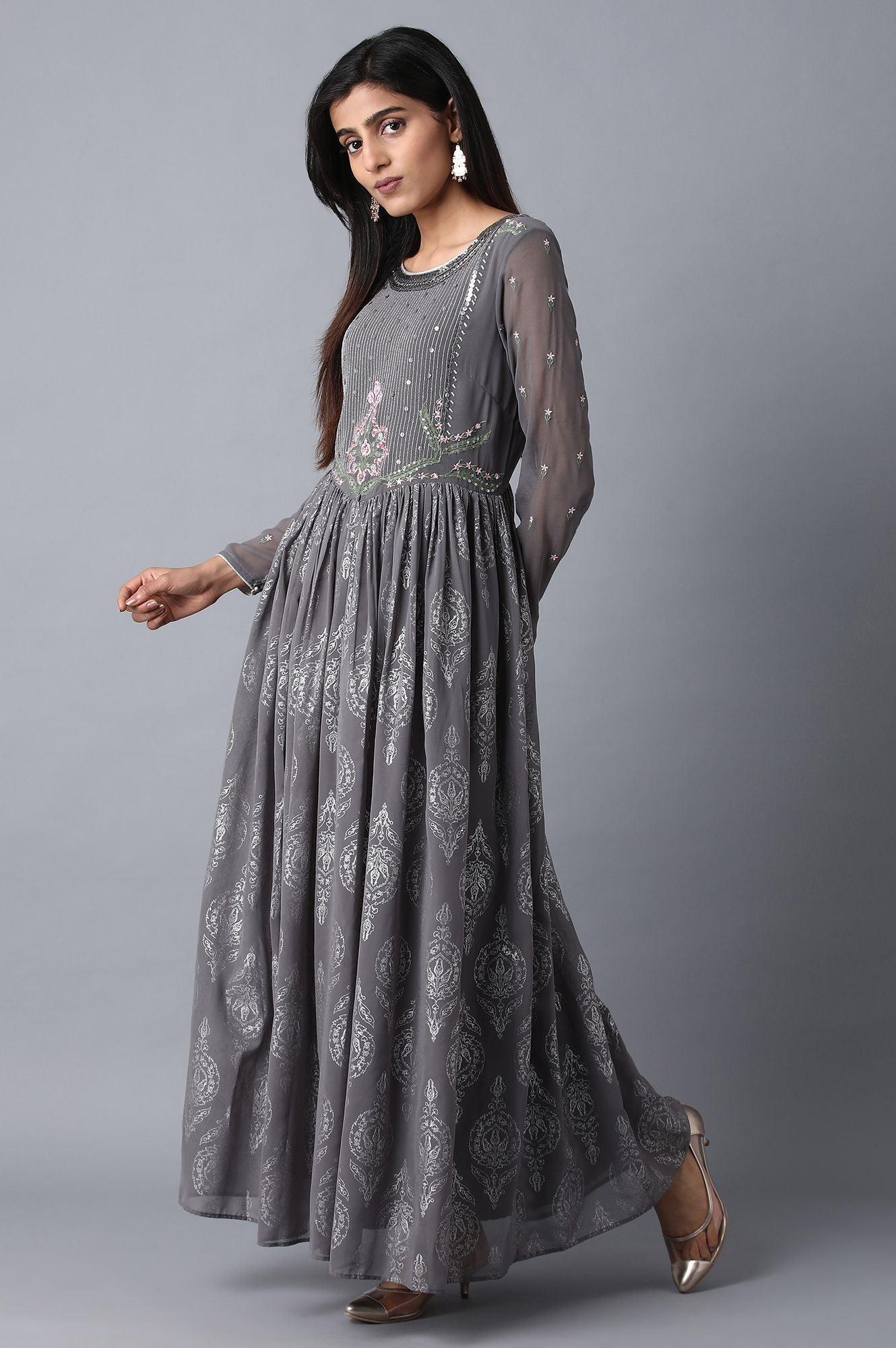 Grey Round Neck Gathered Dress - wforwoman