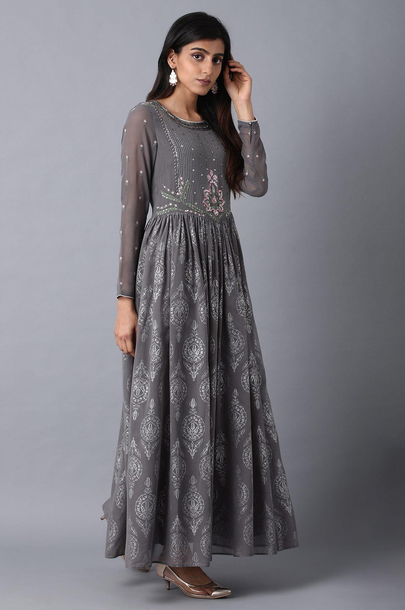 Grey Round Neck Gathered Dress - wforwoman