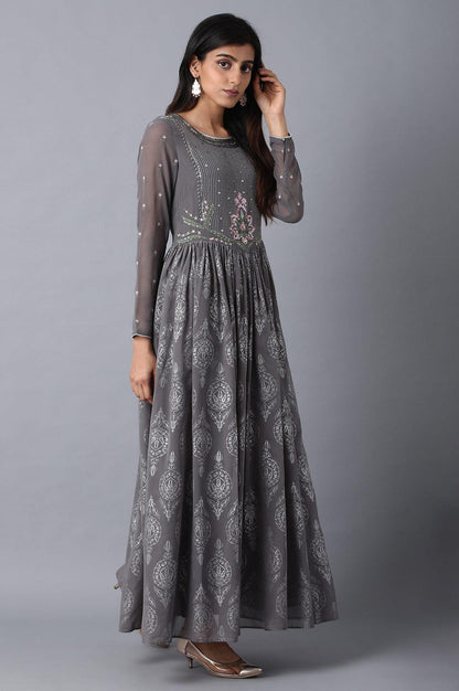 Grey Round Neck Gathered Dress - wforwoman