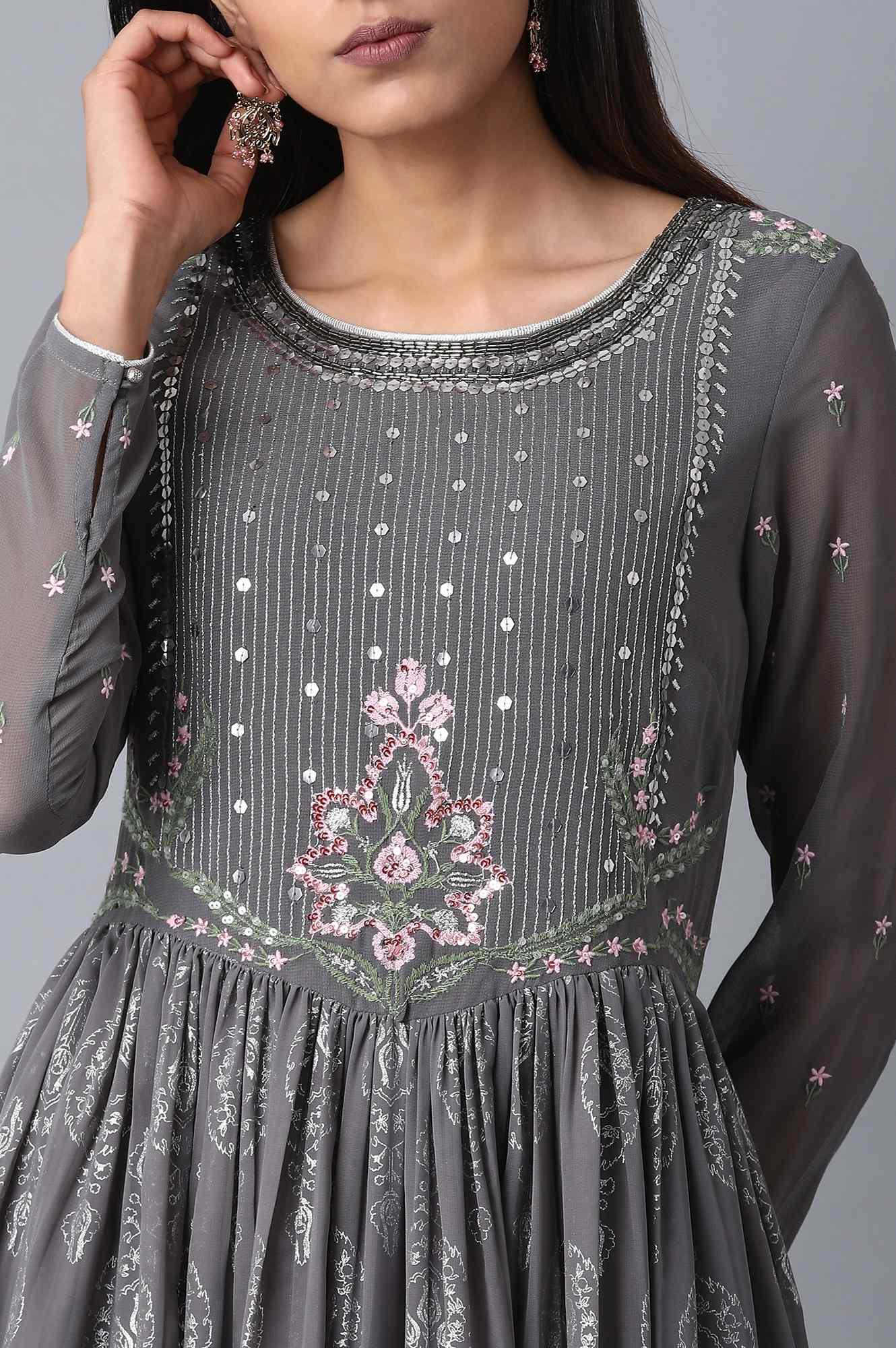 Grey Round Neck Gathered Dress - wforwoman