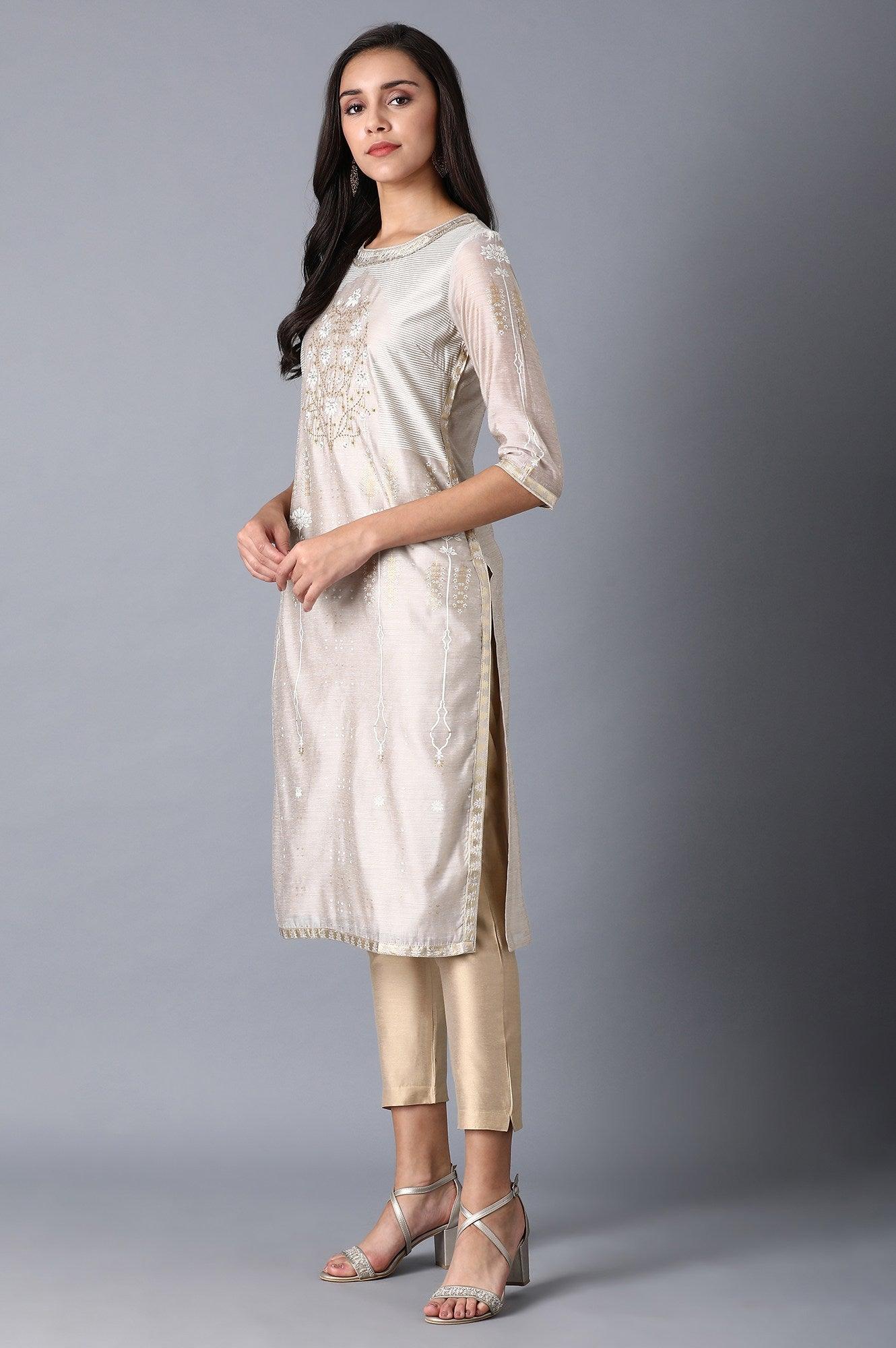 Beige Multicoloured Chanderi kurta - wforwoman