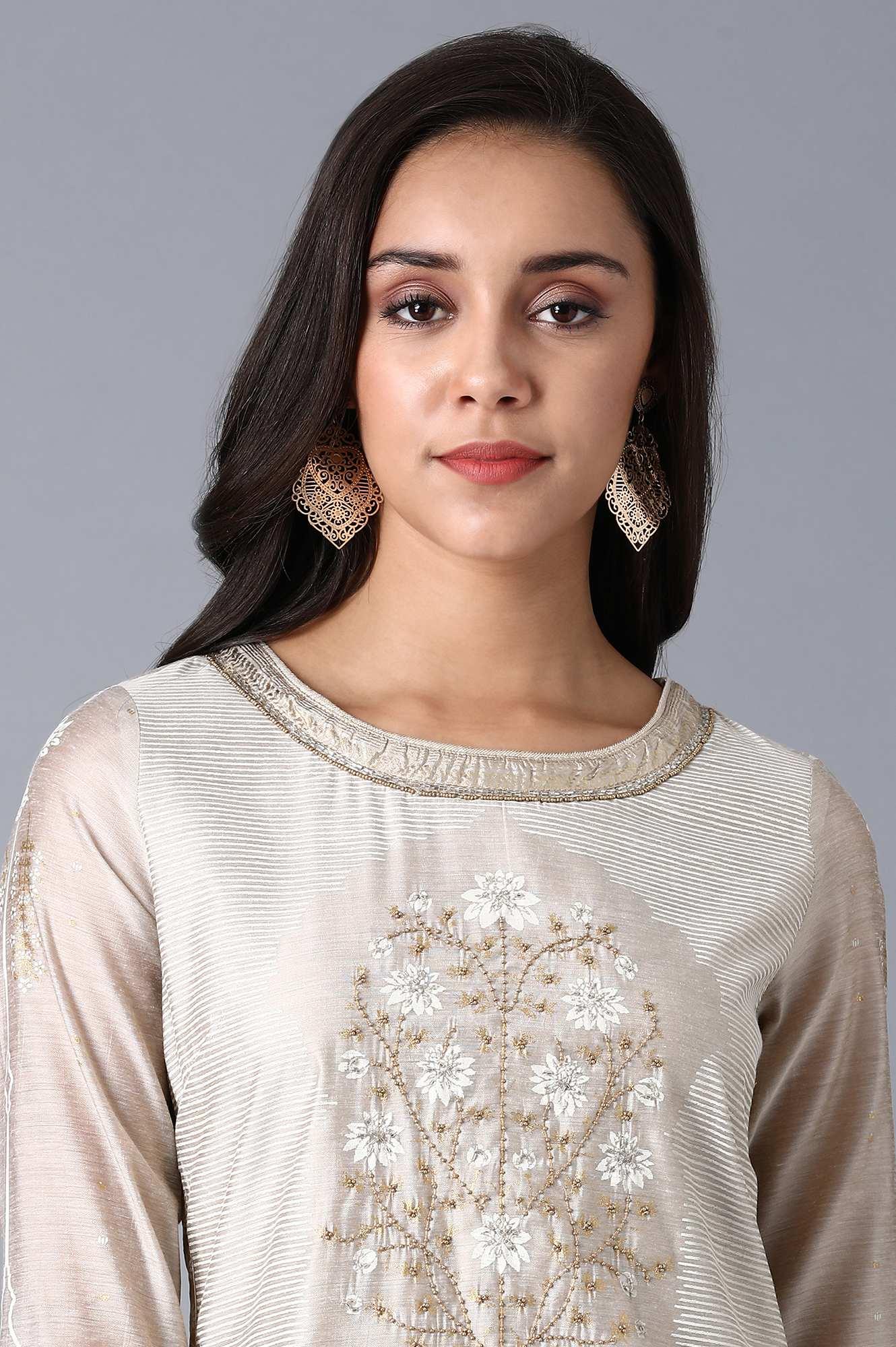 Beige Multicoloured Chanderi kurta - wforwoman