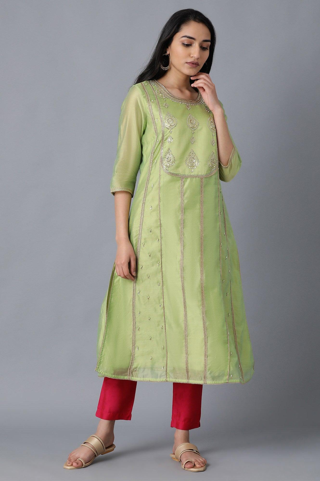 Light Green Round Neck Embellished kurta - wforwoman