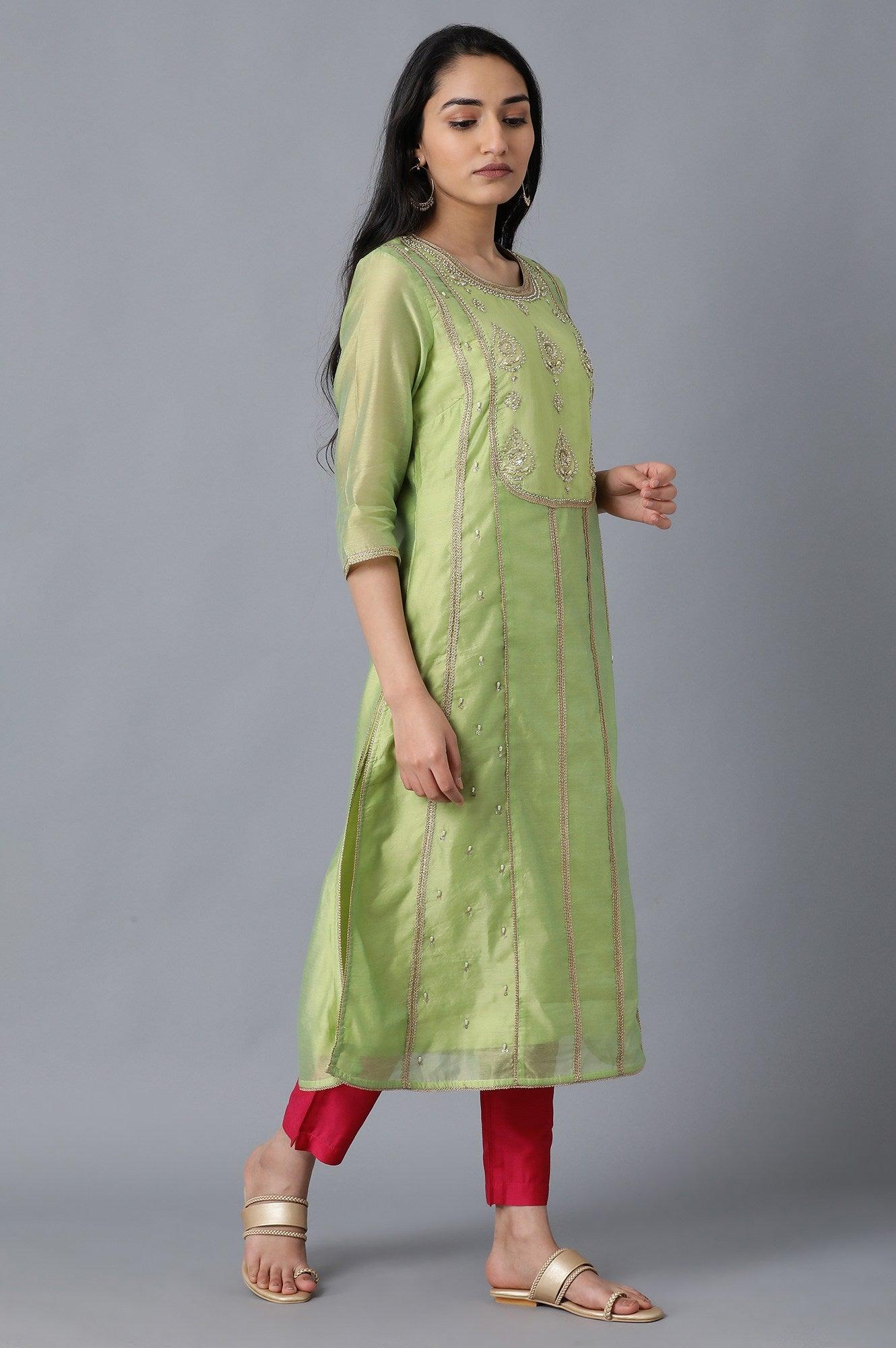 Light Green Round Neck Embellished kurta - wforwoman