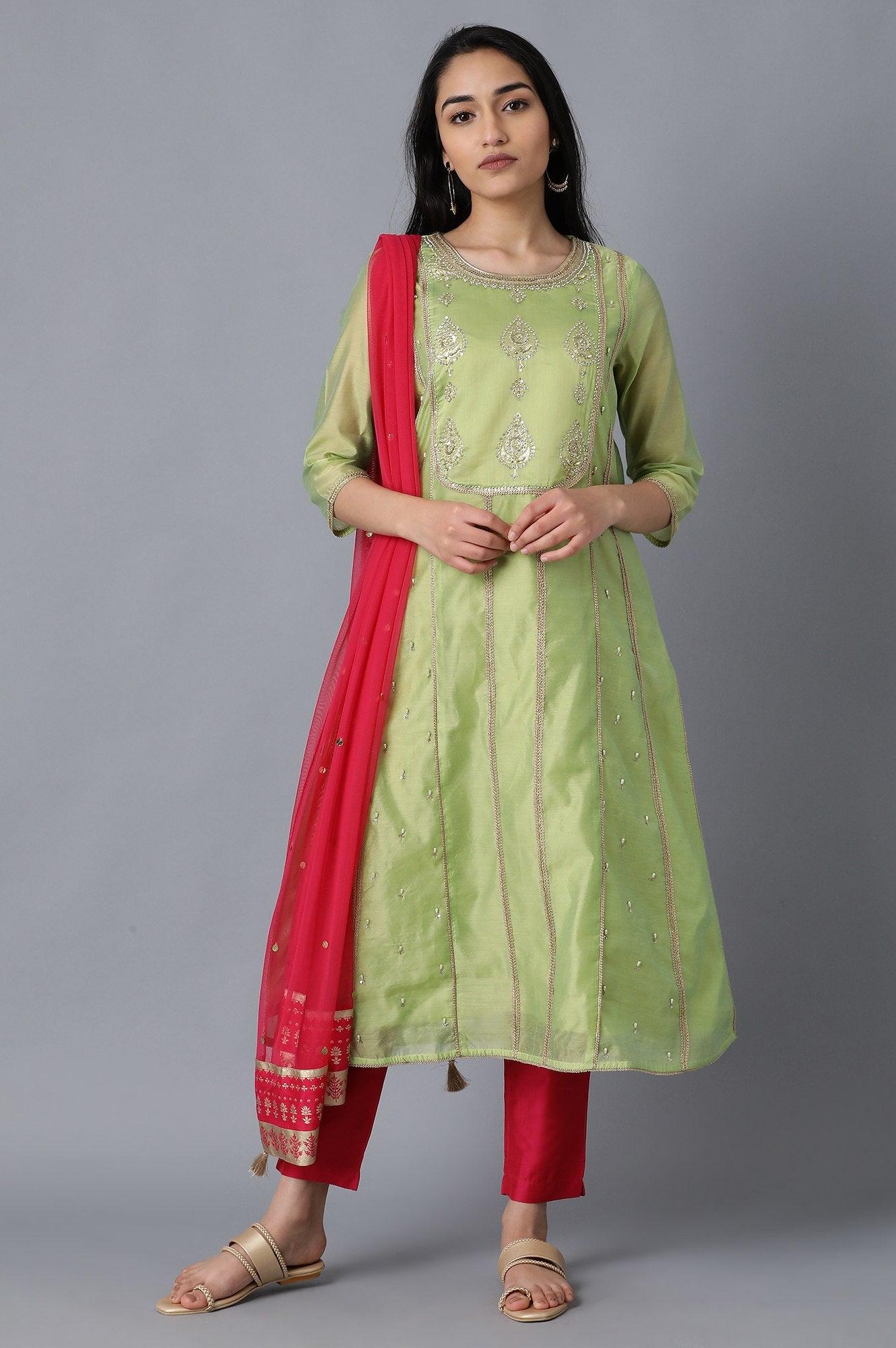 Light Green Round Neck Embellished kurta - wforwoman