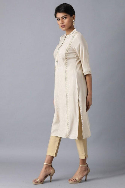 Beige Mandarin Neck Embroidered kurta - wforwoman