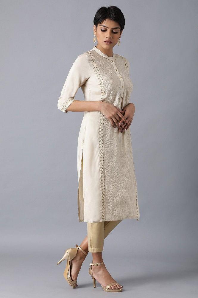 Beige Mandarin Neck Embroidered kurta - wforwoman