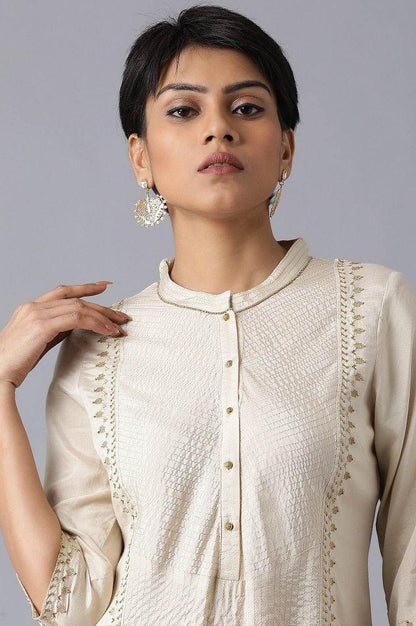 Beige Mandarin Neck Embroidered kurta - wforwoman