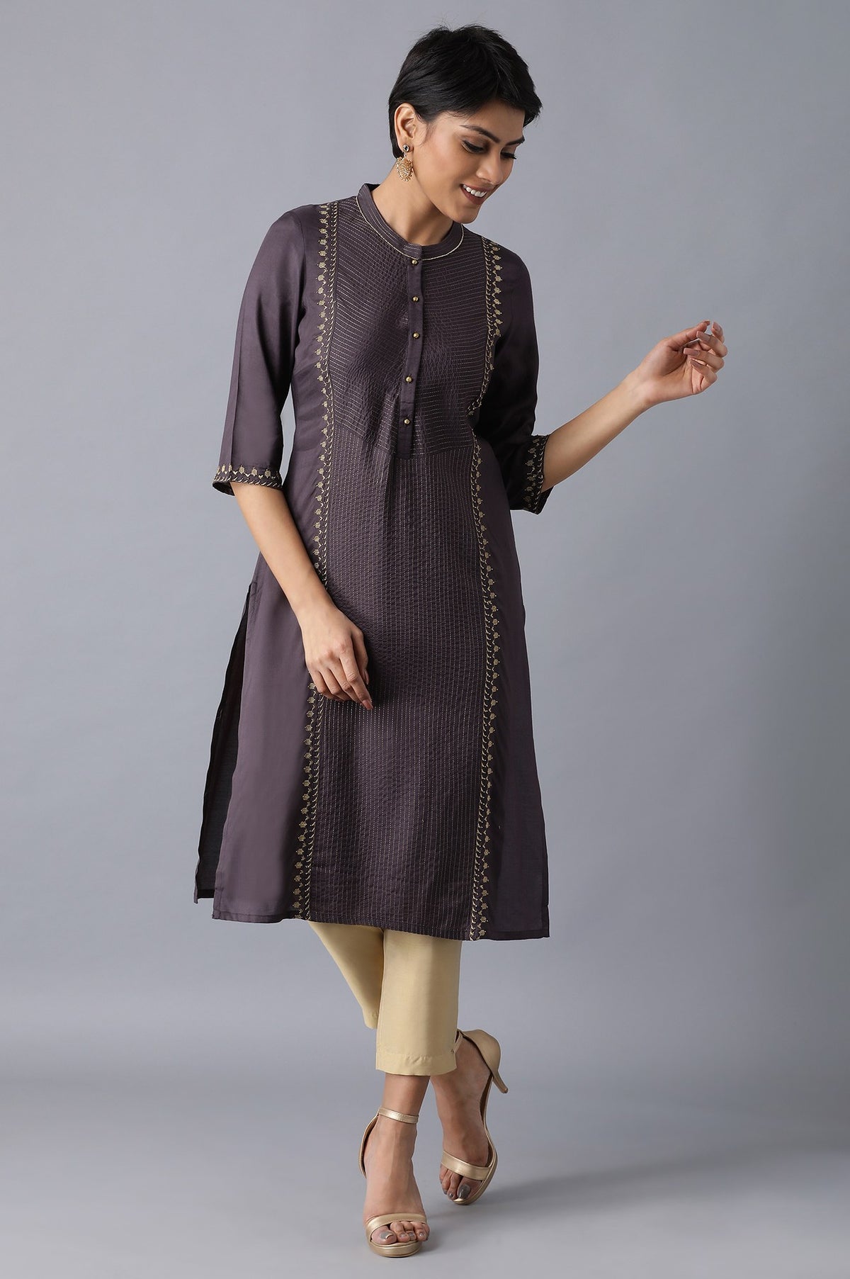 Charcoal Grey Mandarin Neck Embroidered kurta - XS
