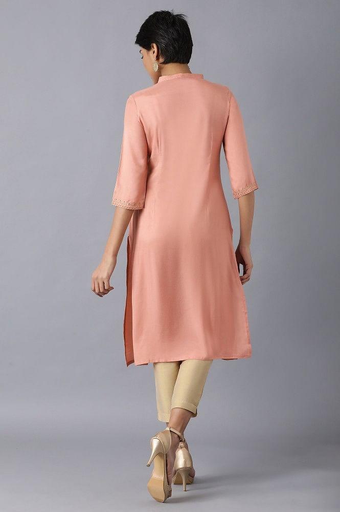 Peach Mandarin Neck Embroidered kurta - wforwoman