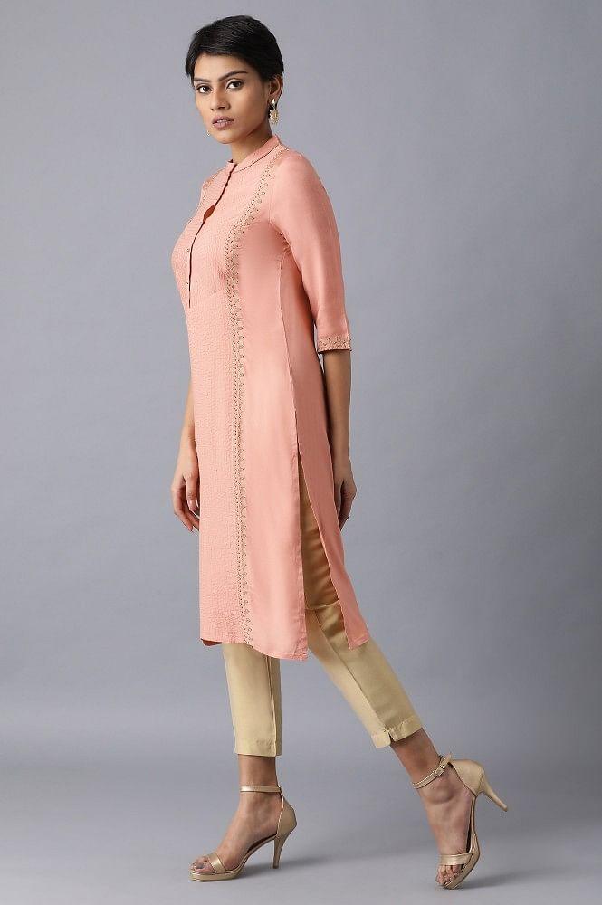 Peach Mandarin Neck Embroidered kurta - wforwoman