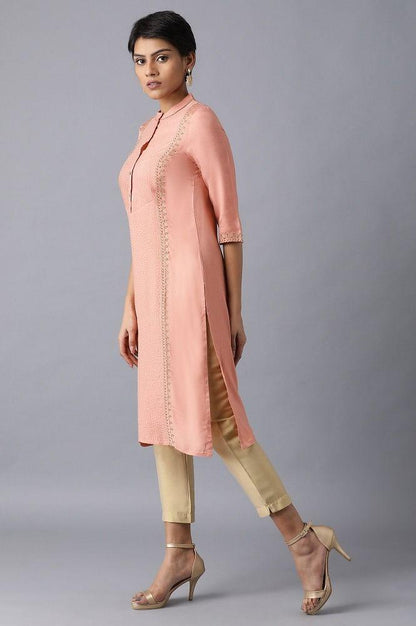 Peach Mandarin Neck Embroidered kurta - wforwoman