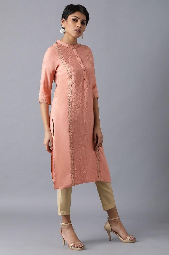 Peach Mandarin Neck Embroidered kurta - wforwoman