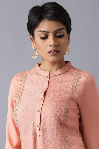 Peach Mandarin Neck Embroidered kurta - wforwoman