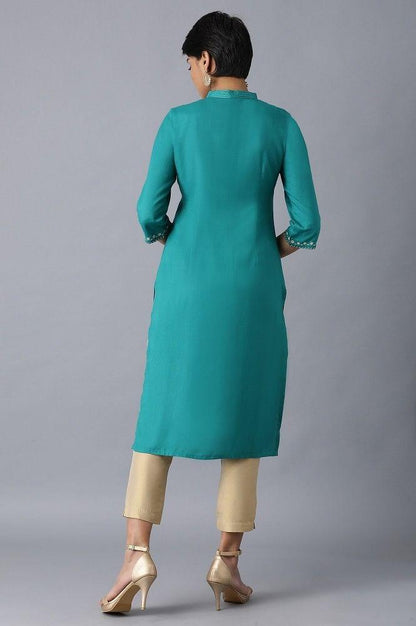 Teal Mandarin Neck Embroidered kurta - wforwoman