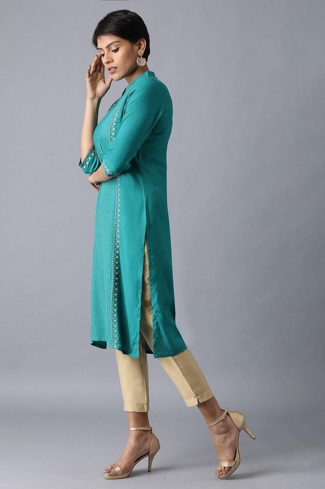 Teal Mandarin Neck Embroidered kurta - wforwoman