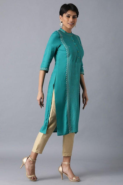 Teal Mandarin Neck Embroidered kurta - wforwoman