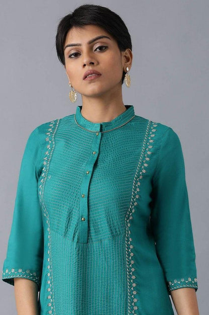 Teal Mandarin Neck Embroidered kurta - wforwoman