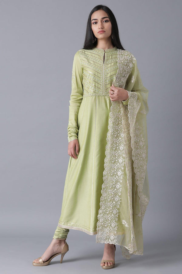 Green Flared kurta-Churidar-Drape Set