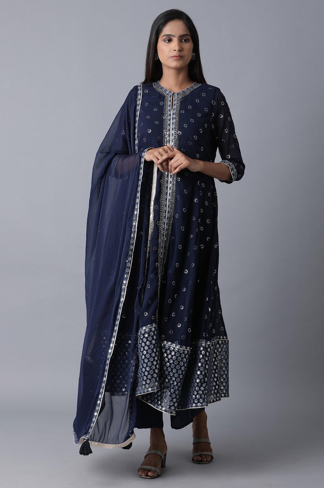 Blue Flared kurta-Pants-Drape Set - wforwoman