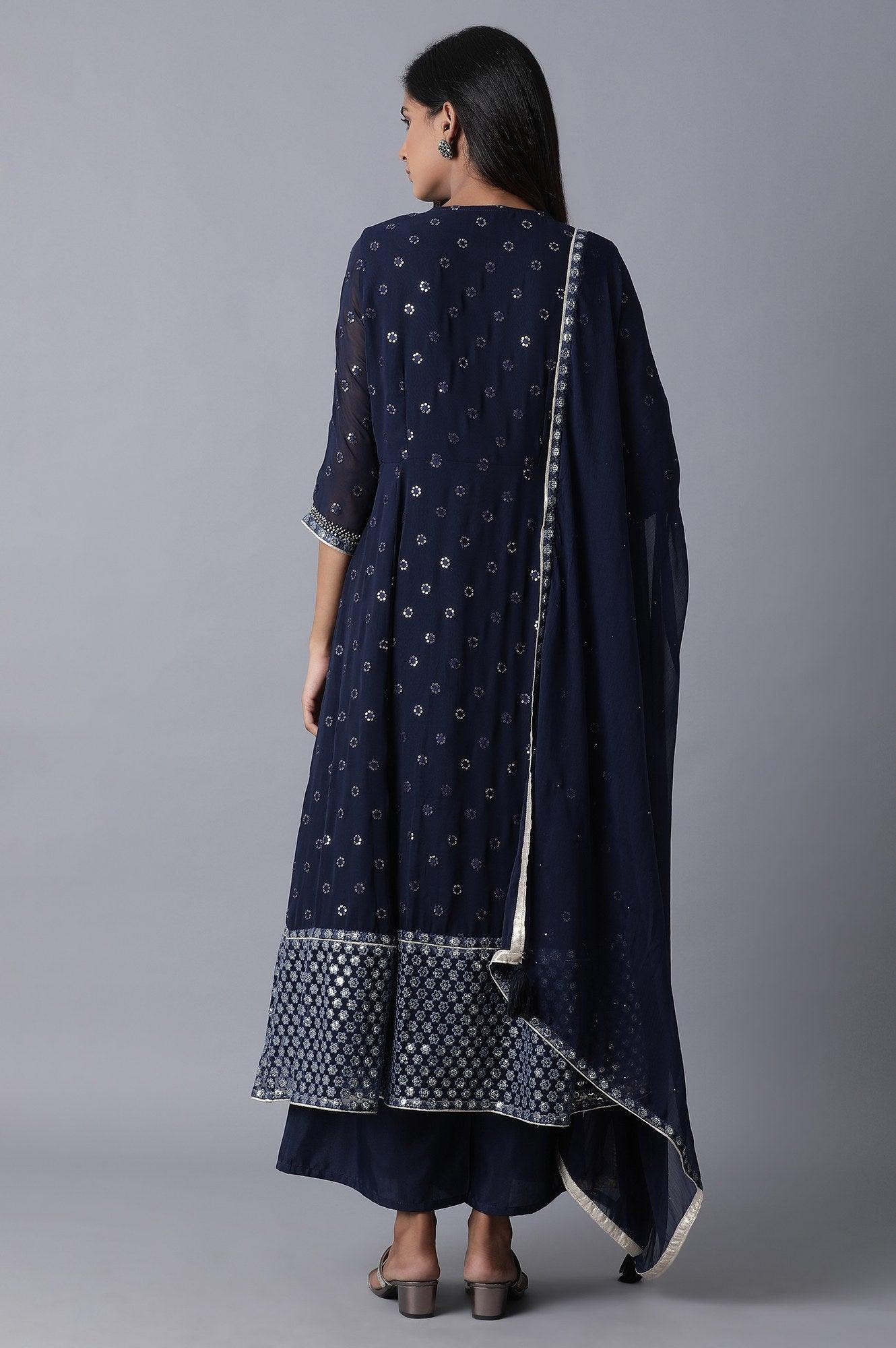 Blue Flared kurta-Pants-Drape Set - wforwoman