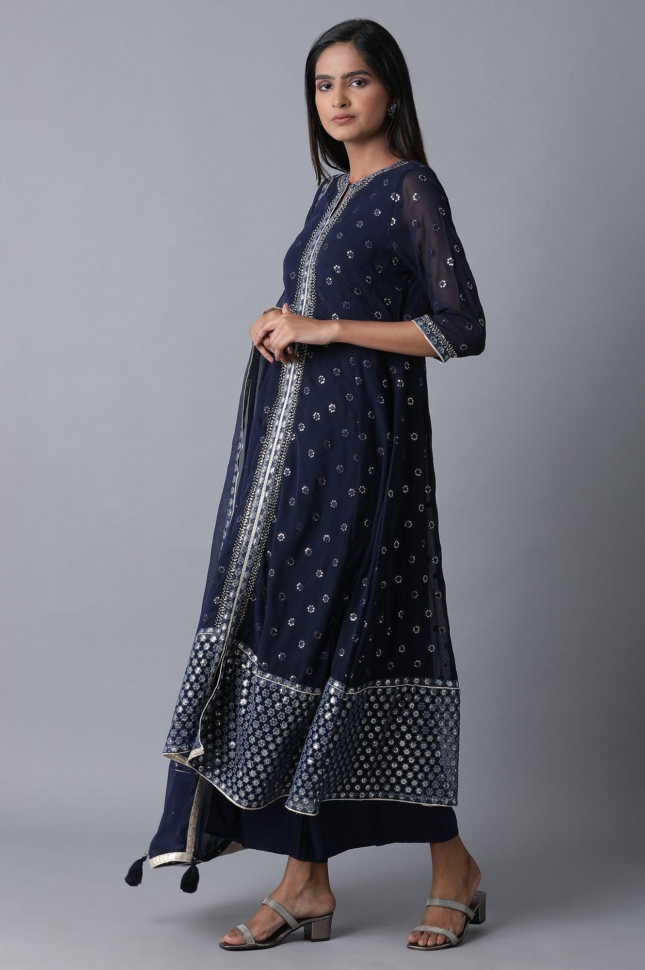 Blue Flared kurta-Pants-Drape Set - wforwoman