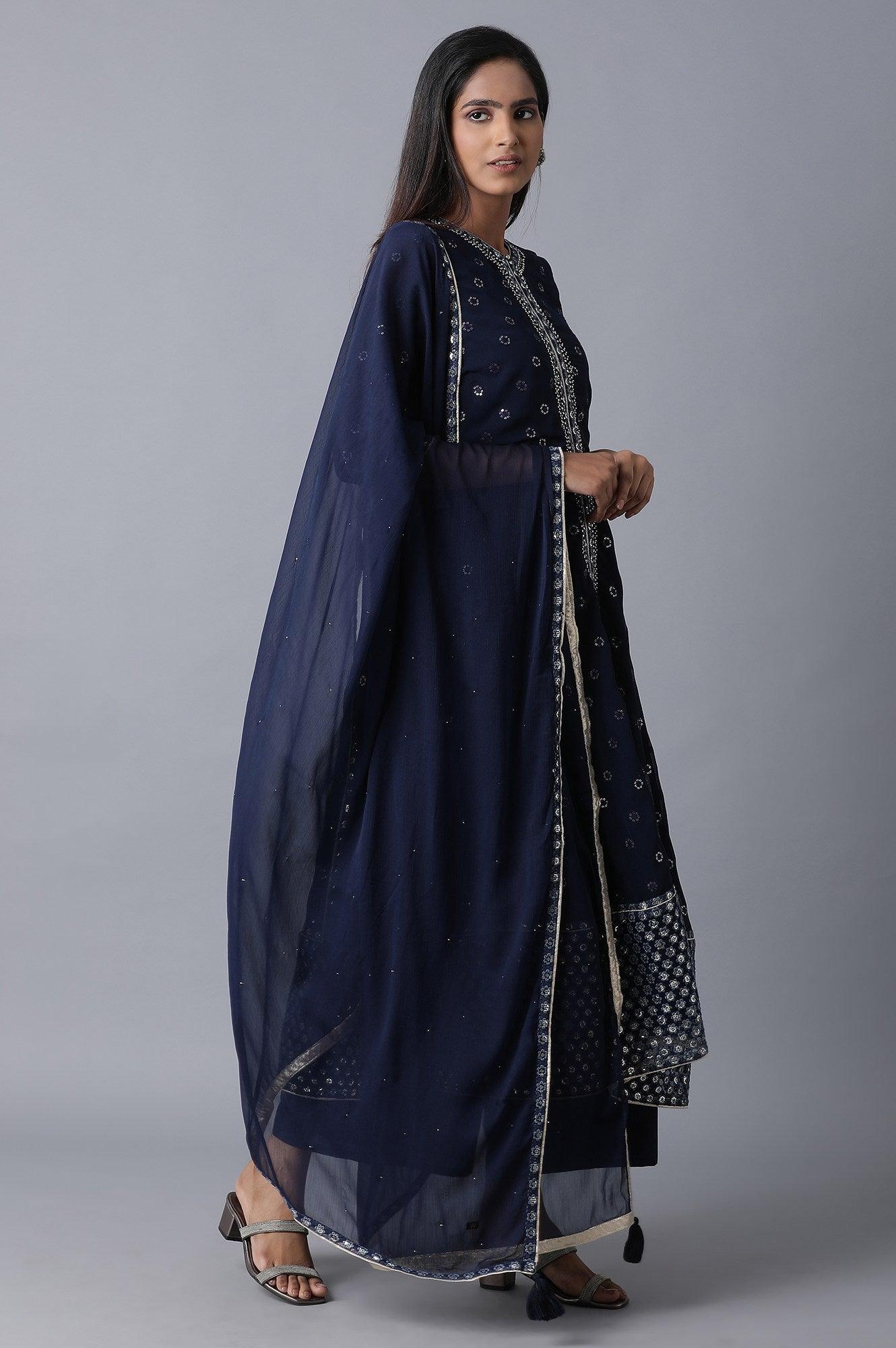 Blue Flared kurta-Pants-Drape Set - wforwoman
