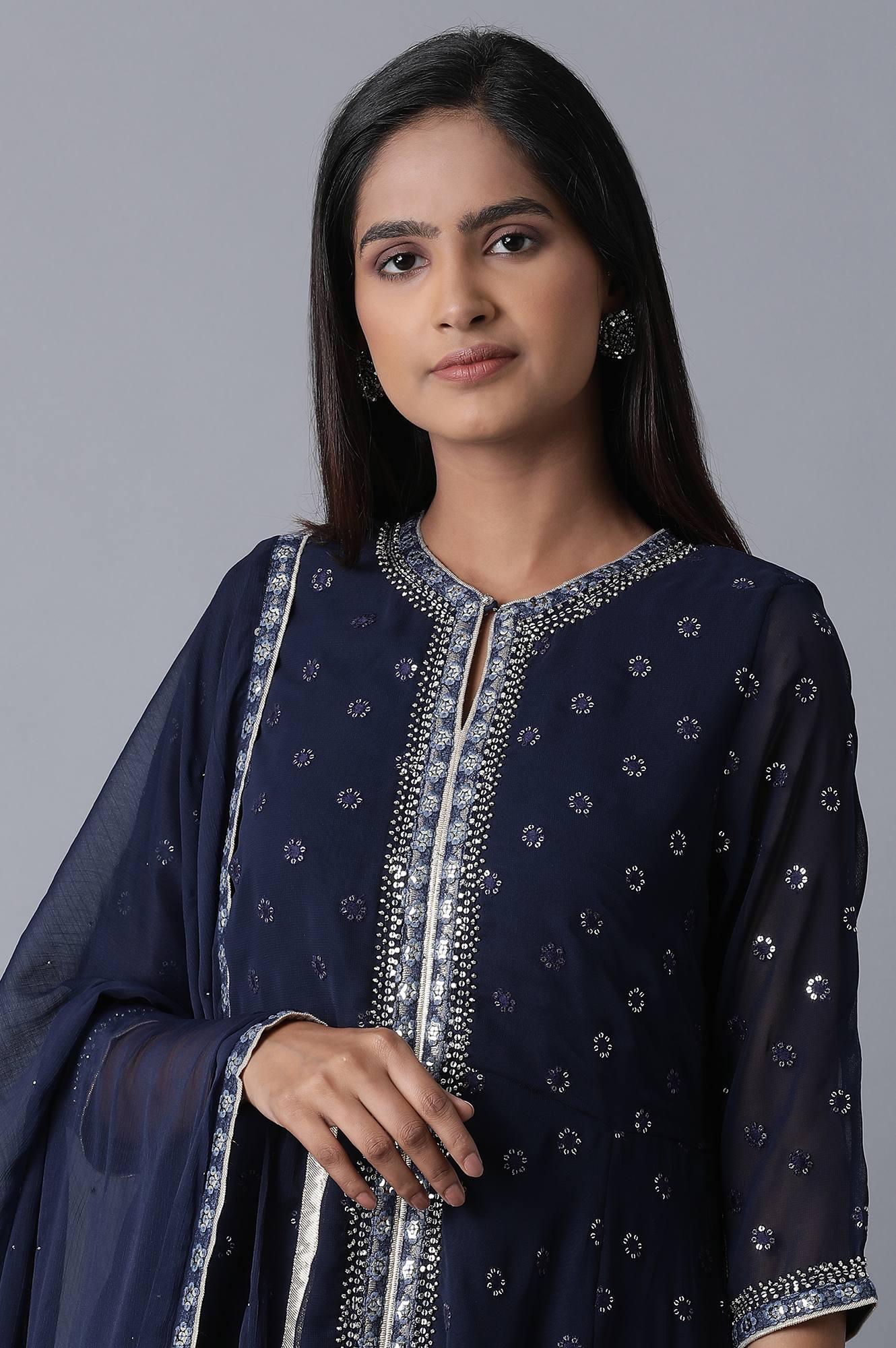 Blue Flared kurta-Pants-Drape Set - wforwoman