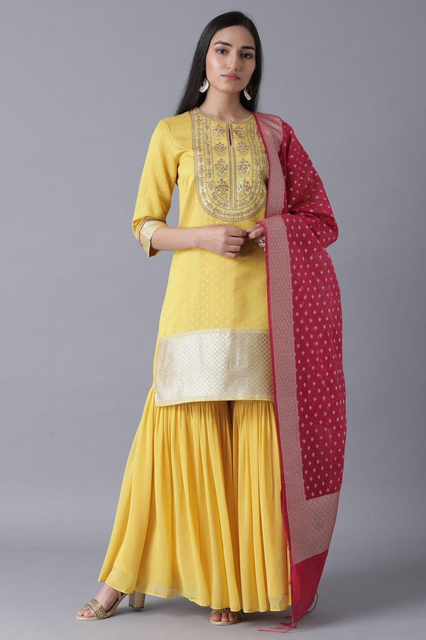Yellow Short kurta-Sharara-Drape Set